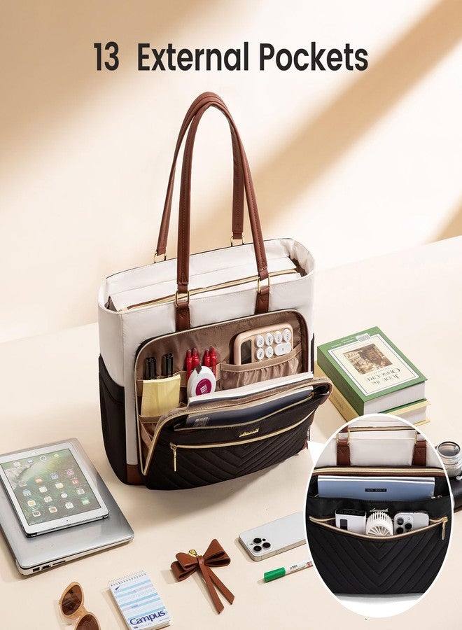 لوف فوك حقيبة LOVEVOOK للكمبيوتر المحمول للنساء، حقيبة عمل للمعلمات مع حامل أكواب كبير، حقيبة حفاضات مبطنة للممرضات للسفر، حقائب يد نسائية للكمبيوتر الجامعي كهدية للمعلمات، لون كاكي-بيج-قهوة، مقاس 15.6 بوصة - Image 3