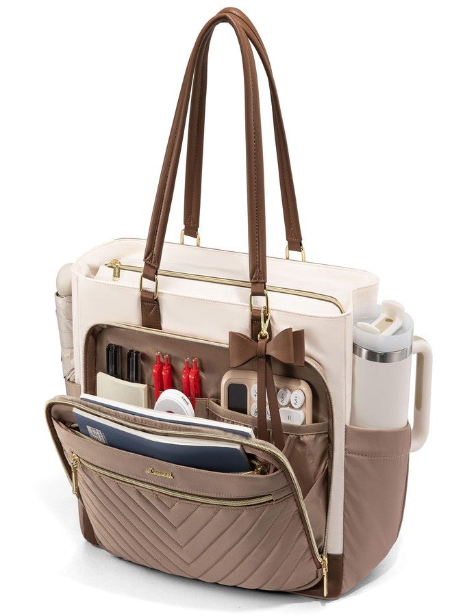 لوف فوك حقيبة LOVEVOOK للكمبيوتر المحمول للنساء، حقيبة عمل للمعلمات مع حامل أكواب كبير، حقيبة حفاضات مبطنة للممرضات للسفر، حقائب يد نسائية للكمبيوتر الجامعي كهدية للمعلمات، لون كاكي-بيج-قهوة، مقاس 15.6 بوصة - Image 1