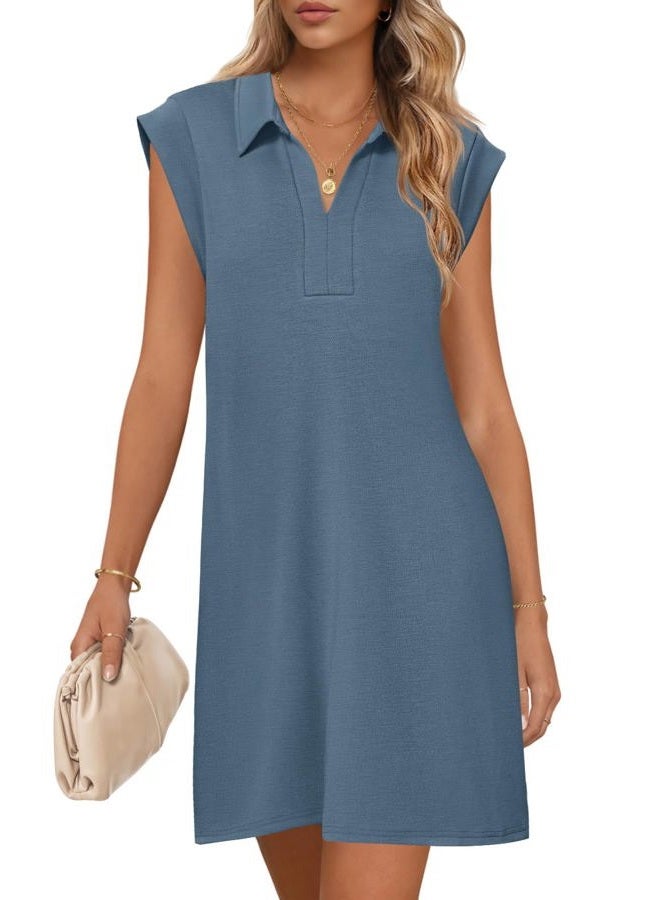 MEROKEETY Women's 2026 Summer Short Sleeve Mini Dress Casual Collared V Neck Loose T Shirt Dresses, Gray Blue, M - Image 1