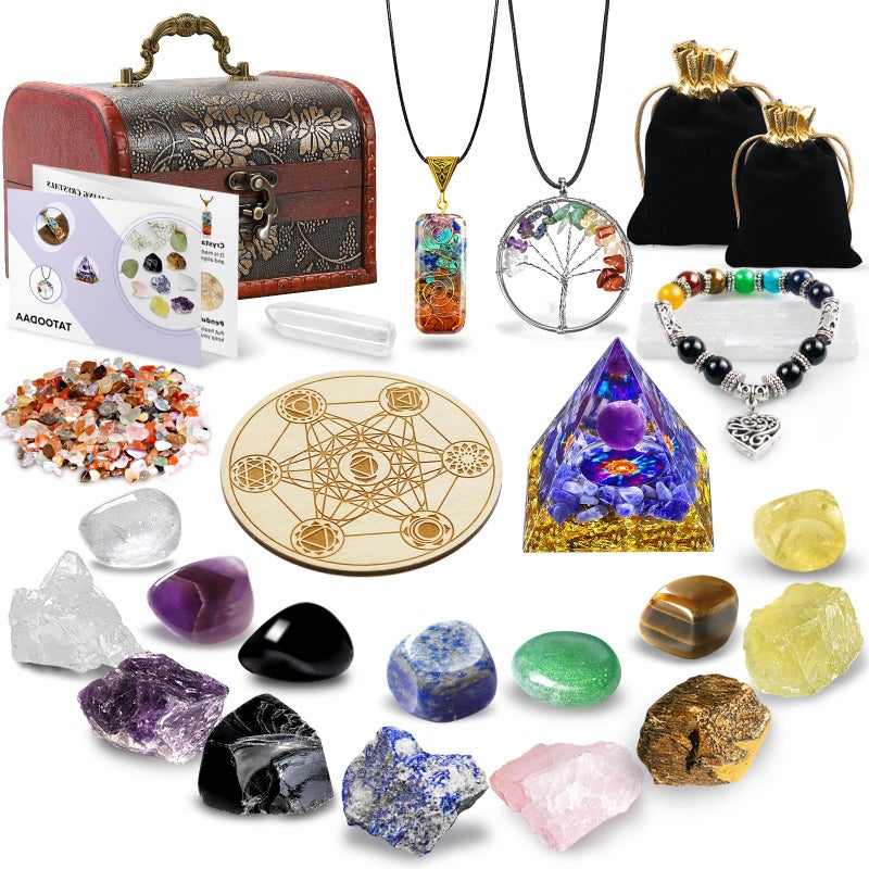 Crystals and Healing Stones26 Pcs Healing Crystal Set for Meditation7 Raw Chakra Stones Crystals Kit Pyramid Reiki Real Crystal Stones with Wooden BoxGifts for Crystal Beginners