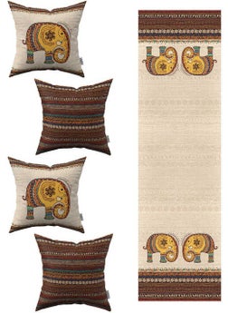 Cango Home Cream Brown Ethnic Elephant Patterned 4-Piece Throw Pillow Cover 1 Runner Set 4KMBS300-RS-1 