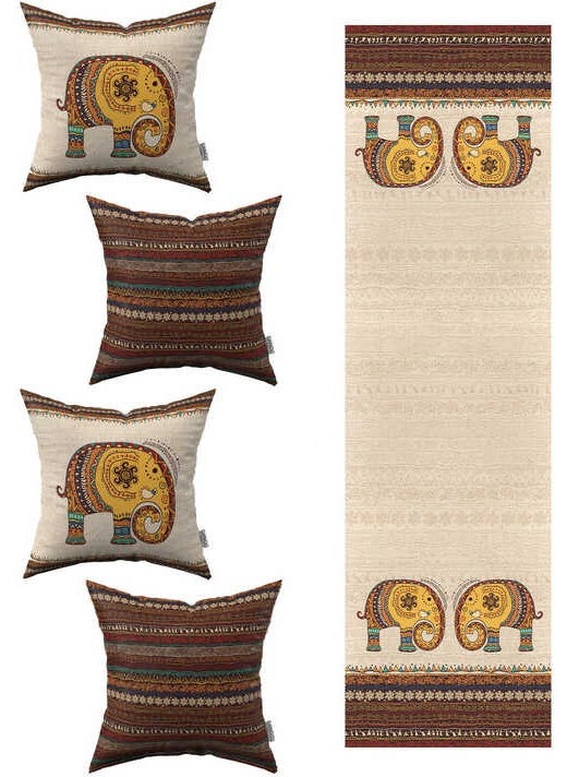 Cango Home Cream Brown Ethnic Elephant Patterned 4-Piece Throw Pillow Cover 1 Runner Set 4KMBS300-RS-1 