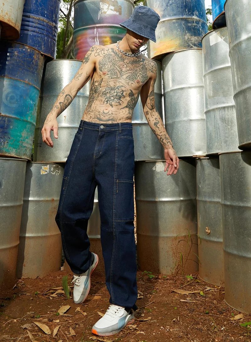 Campus Sutra Men's Navy Blue Baggy Cargo Denim Jeans