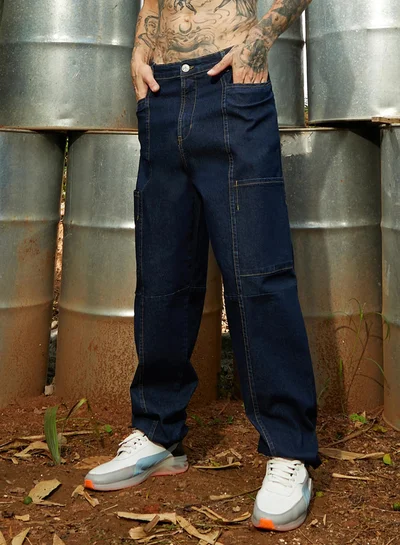 Campus Sutra Men's Navy Blue Baggy Cargo Denim Jeans