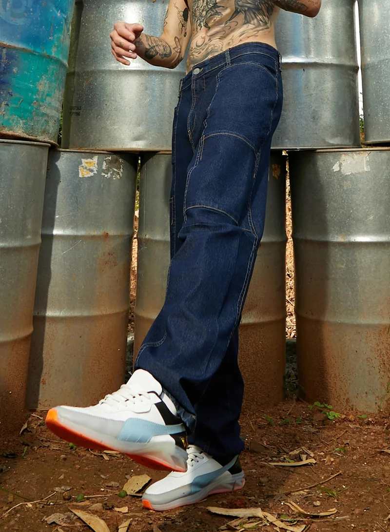 Campus Sutra Men's Navy Blue Baggy Cargo Denim Jeans