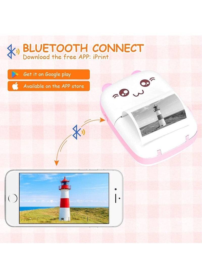 Mini Portable Wireless Bluetooth Pocket Thermal Printers with 1 Rolls Printing Paper for Android iOS Smartphone (Pink)