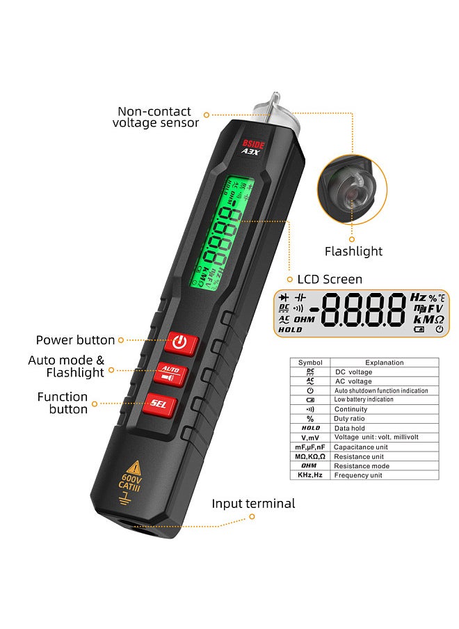 Pen Type Digital Multimeter Portable Tester Voltmeter 1.9 Inch Bicolor Screen TRMS Voltage Capacitance Resistance Frequency Diode Continuity Temperature NCV Measurement Multifunction Multimeter