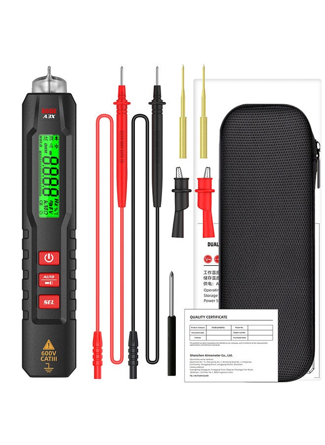 Pen Type Digital Multimeter Portable Tester Voltmeter 1.9 Inch Bicolor Screen TRMS Voltage Capacitance Resistance Frequency Diode Continuity Temperature NCV Measurement Multifunction Multimeter