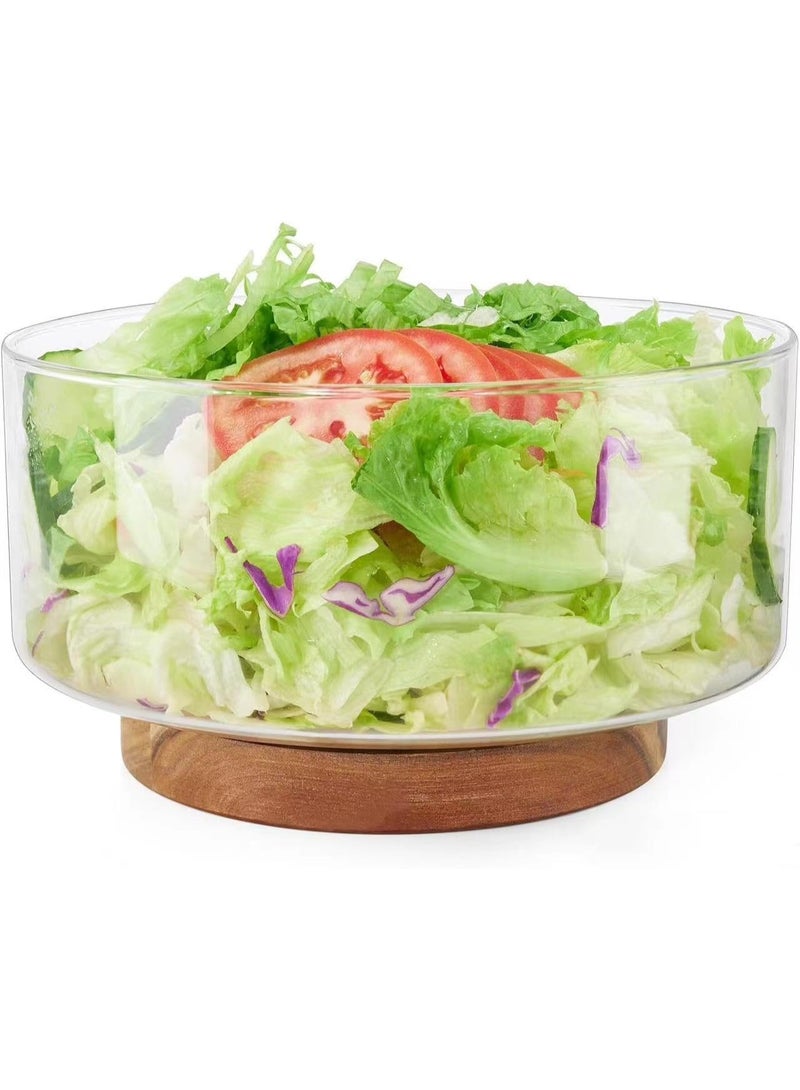 Glass Salad Bowl with Wood Base, Clear Fruit Bowl, Large Capacity Design, Versatile Serving Dish for Snack, Dessert, Pasta, Microwave  Dishwasher Safe, Kitchen Must-Have, Home Decor - Image 1