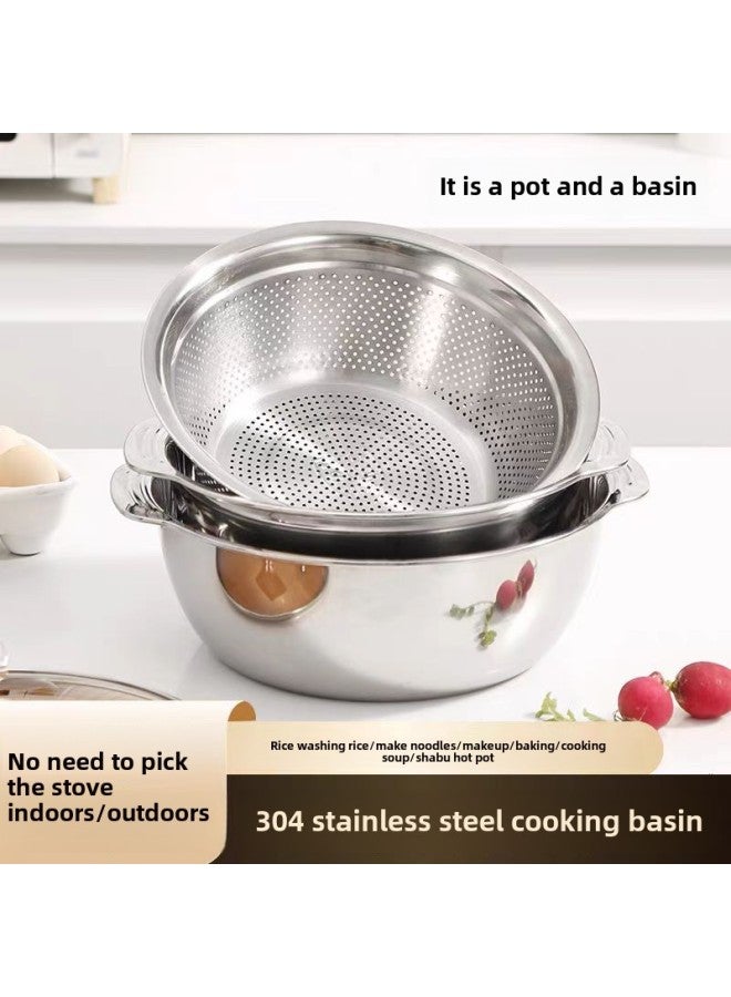 Factory Wholesale 304 Stainless Steel Thickened Binaural Multi-functional Hot Pot Basin For Washing Vegetables, Washing Rice, Draining Rice Sieve-Specifications:304 Hot Pot Two-piece Set-Color:27cm - Image 4