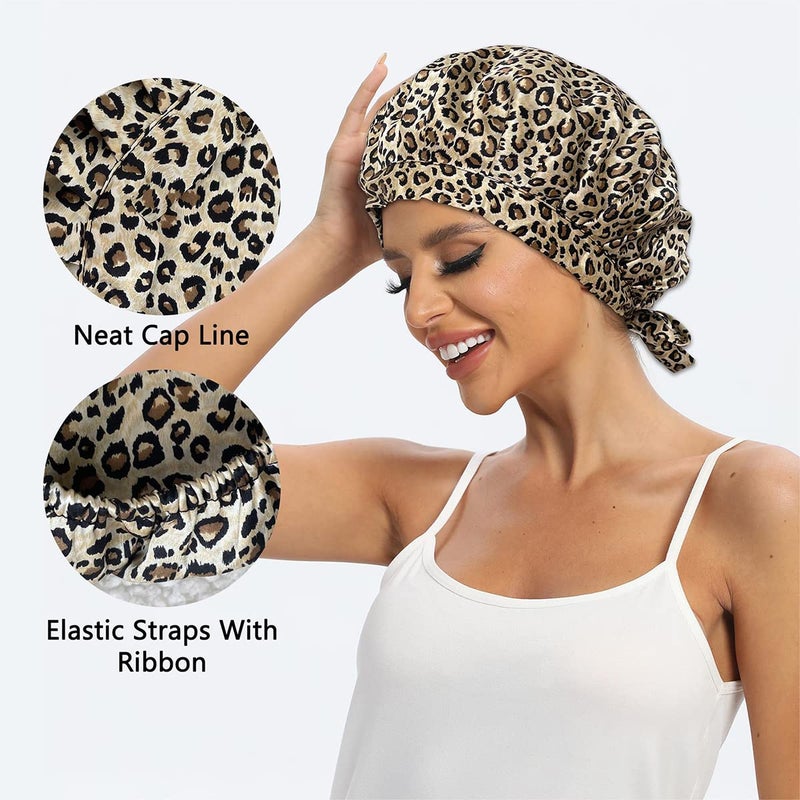 Cocheng 100% Mulberry Silk Bonnet for Sleeping Double Layer Silk Sleep Cap with Adjustable Tie Band 19 Momme Breathable & Adjustable Hair Bonnet (Leopard) - Image 4