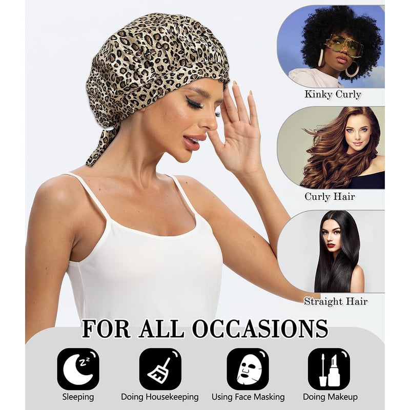Cocheng 100% Mulberry Silk Bonnet for Sleeping Double Layer Silk Sleep Cap with Adjustable Tie Band 19 Momme Breathable & Adjustable Hair Bonnet (Leopard) - Image 3