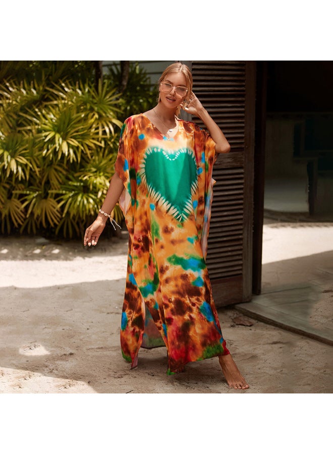 Loquat European And American Rayon Tie-dyed Beach Blouse Robe Loose Seaside Vacation Sun Protection Clothing Bikini Swimsuit Outer Wear-Color:24-orange Purple Series- - Image 3