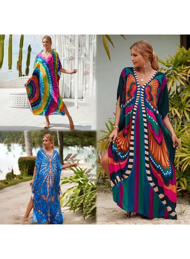 Loquat European And American Rayon Tie-dyed Beach Blouse Robe Loose Seaside Vacation Sun Protection Clothing Bikini Swimsuit Outer Wear-Color:24-orange Purple Series- - Image 2