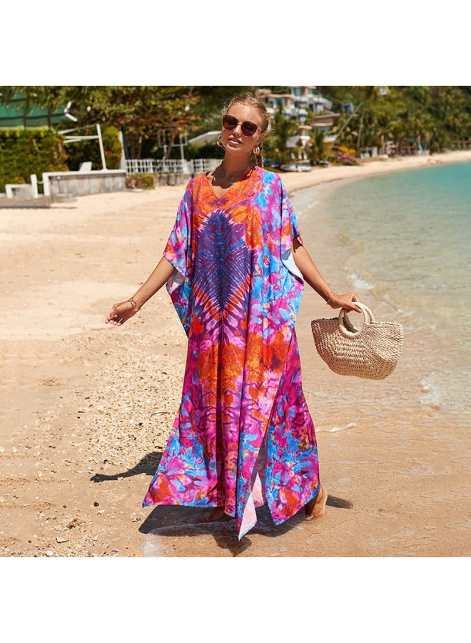 Loquat European And American Rayon Tie-dyed Beach Blouse Robe Loose Seaside Vacation Sun Protection Clothing Bikini Swimsuit Outer Wear-Color:24-orange Purple Series- - Image 1