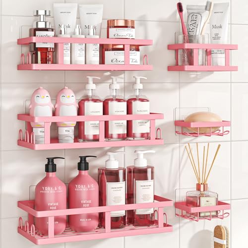 Youvip 6 Pack Shower Caddy Adhesive Shower Shelves with Soap Holder No Drilling Rustproof Large Capacity pink bathroom decor accessories Pink - Image 1