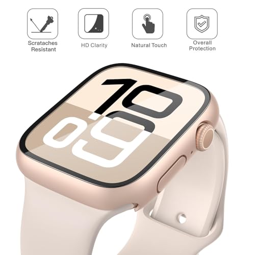 Misxi 2 Pack Tempered Glass Case Compatible for Apple Watch Series 11 (2025) Series 10 42mm, Hard PC Screen Protector Overall Protection Scratch-Resistant Cover for iWatch, 1 Rose Gold + 1 Transparent - Image 3