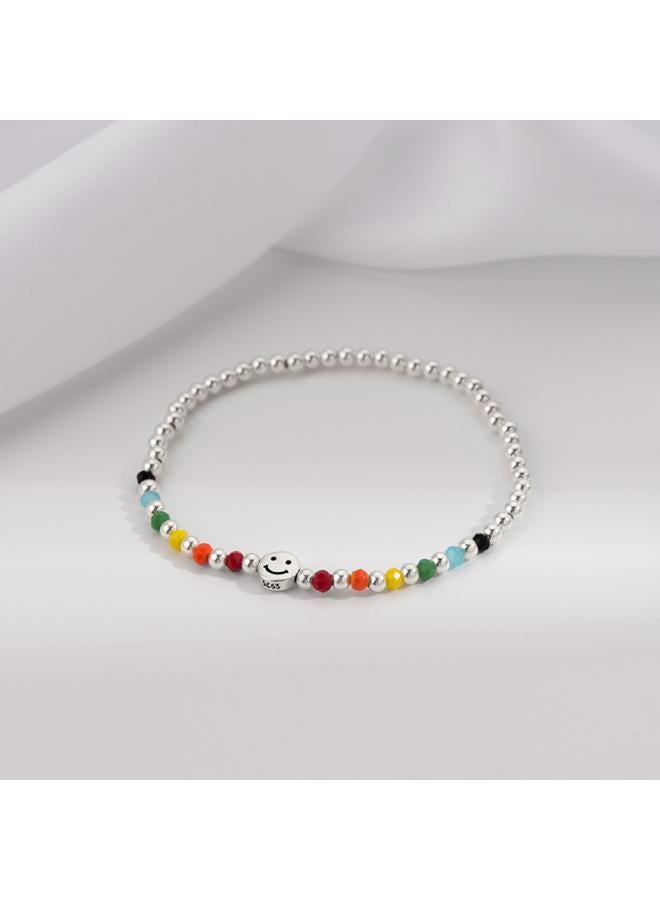 Under The Banyan Tree 925 Silver Rainbow Beaded Bracelet Girls Summer Niche Design Colorful Bear Smiley Hand Jewelry 