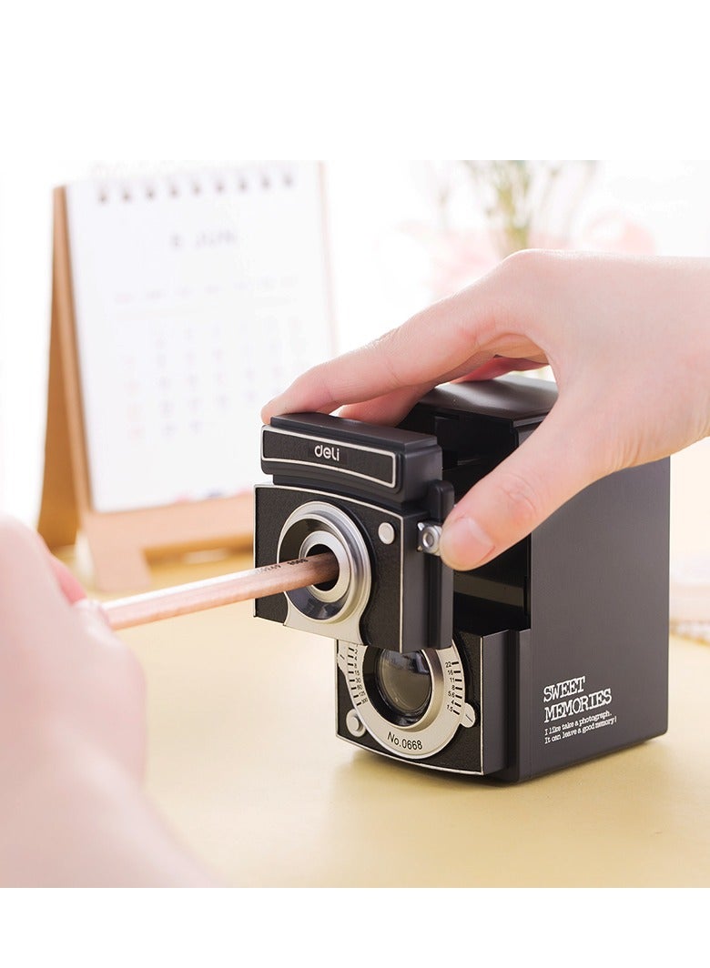 Deli Deli 0668 Retro Camera-Style Manual Pencil Sharpener, Adjustable Nib (6.5-12mm), Alloy Steel Cutter, Large Visual Shavings Box & Anti-Slip Base  - Image 4