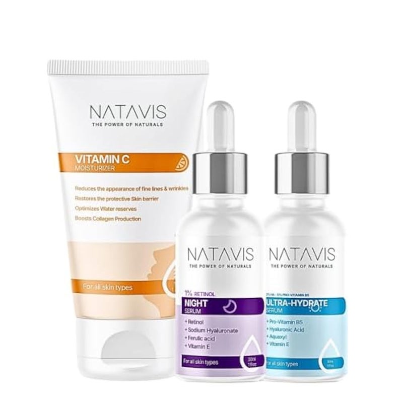 Natavis Retinol serum 30 ml + Ultra-hydrate serum 30 ml + Vitamin C Moisturizer 50 ml - Anti-Aging Skin care Routine - Hyaluronic Acid - Hydration - Reduction Fine Lines & Wrinkles - Image 1