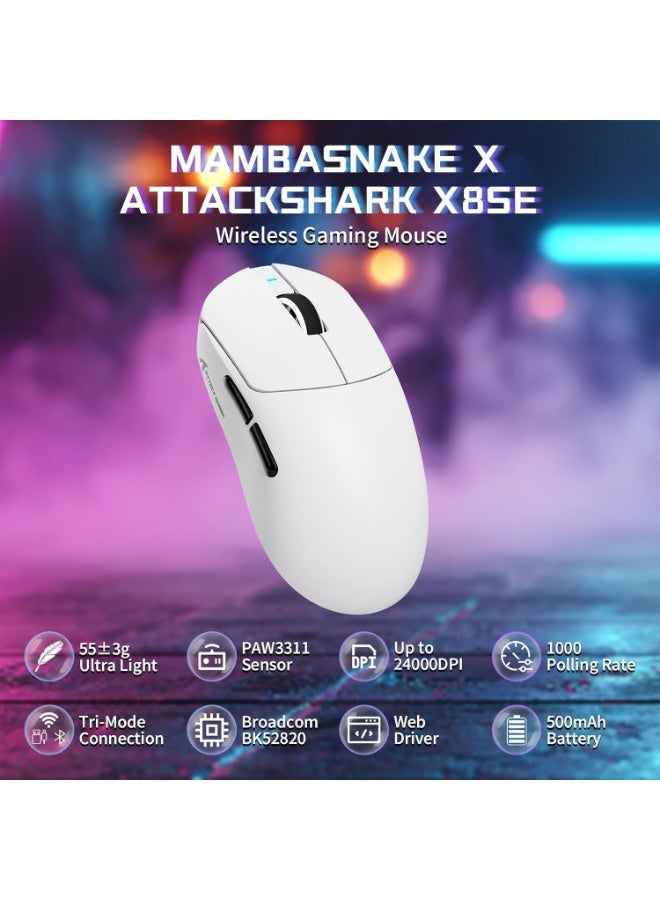 هجوم القرش فأرة ألعاب لاسلكية ATTACK SHARK X8 SE، خفيفة الوزن للغاية 55 جرامًا وقابلة للبرمجة مع سلكي/بلوتوث/2.4 جيجاهرتز، معدل استطلاع 1K، مستشعر ألعاب PixArt PAW3311، 25000 نقطة في البوصة، أبيض - Image 2