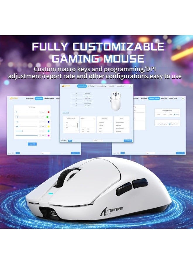 هجوم القرش فأرة ألعاب لاسلكية ATTACK SHARK X8 SE، خفيفة الوزن للغاية 55 جرامًا وقابلة للبرمجة مع سلكي/بلوتوث/2.4 جيجاهرتز، معدل استطلاع 1K، مستشعر ألعاب PixArt PAW3311، 25000 نقطة في البوصة، أبيض - Image 5