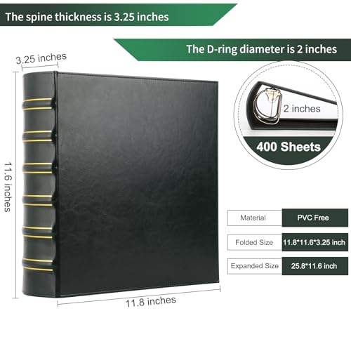 LETVPVOW Vintage Hardback 3 Ring Binder 2 Inch, Professional Leather Binder 3 Ring, Three Ring Binders Fits 8.5" x 11", D Ring Binders for Photo Album, Home, School and Office Supplies- Dark Green - Image 2