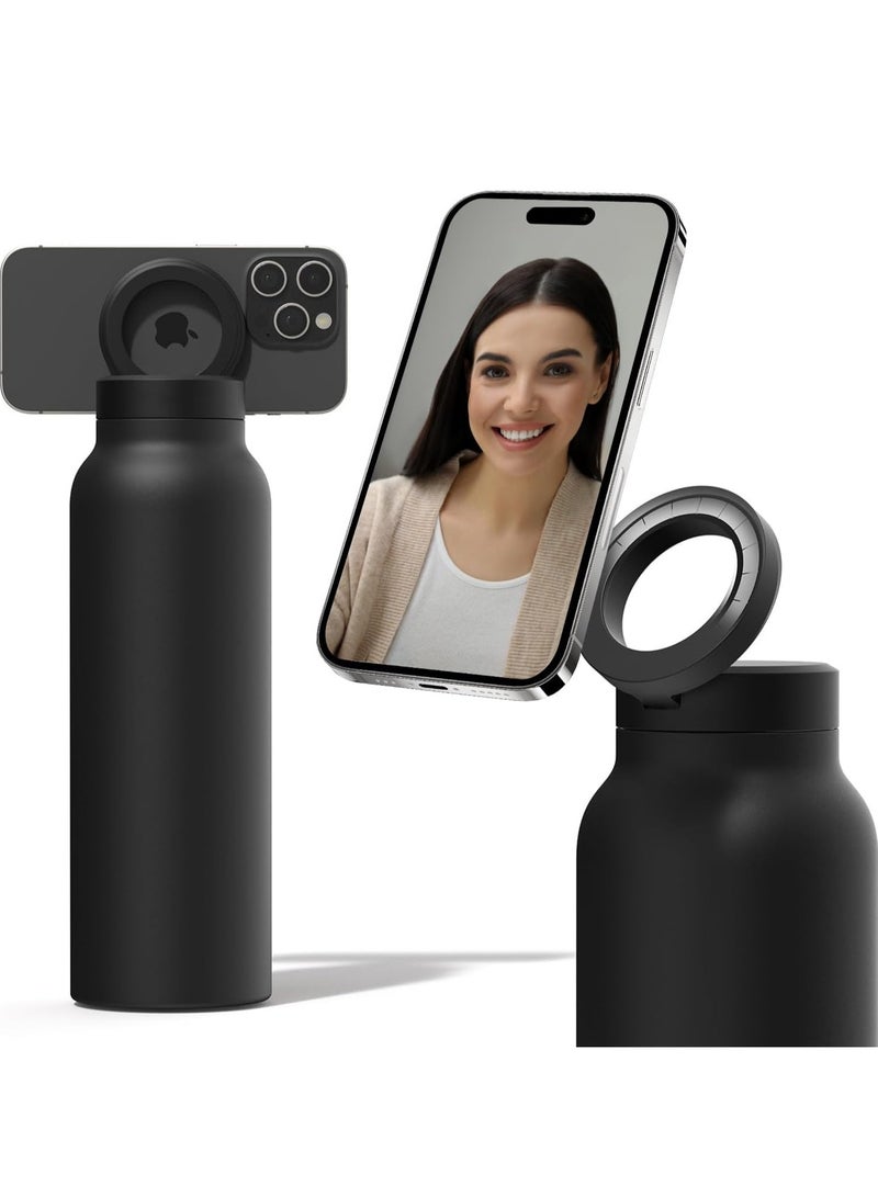 LIXES 24oz Water Bottle with Magnetic Phone Holder, Stainless Steel Water Bottles Compatible with MagSafe Phone Mount and Tripod for iPhone, Double Walled Insulated tumbler for Gym, Sport (Black) - Image 1