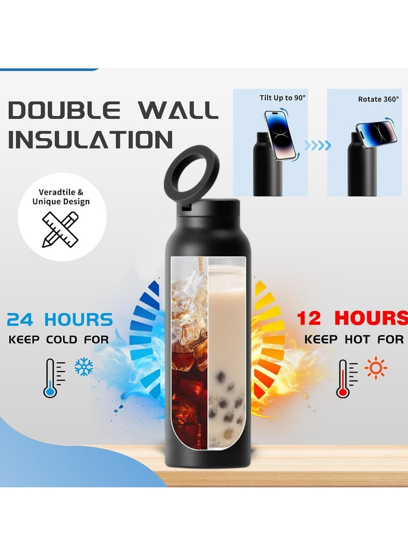 LIXES 24oz Water Bottle with Magnetic Phone Holder, Stainless Steel Water Bottles Compatible with MagSafe Phone Mount and Tripod for iPhone, Double Walled Insulated tumbler for Gym, Sport (Black) - Image 2
