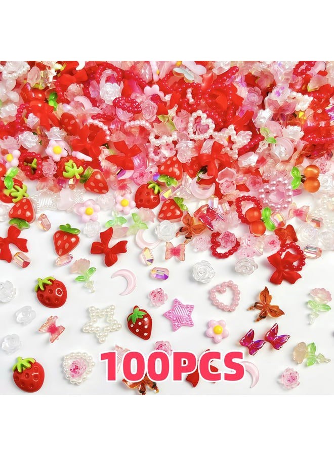 SHUXILIN 100 قطعة زينة أظافر زهور الفراولة الوردية والحمراء ثلاثية الأبعاد، زينة أظافر الكرز والورد والكاميليا والفراشة، إكسسوارات ريزين، زينة مسطحة للأظافر، جواهر أظافر القمر والنجوم للنساء، مستلزمات فن الأظافر - Image 2