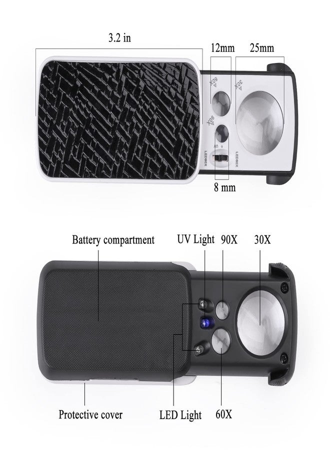Amoper 2 Pieces 30X 60X 90X Jewelers Loupe, Slide-Out Lighted Eye Loupe Magnifying Glass with 3 Light for Coins Gems Jewelry Rocks Watches (Black) - Image 2