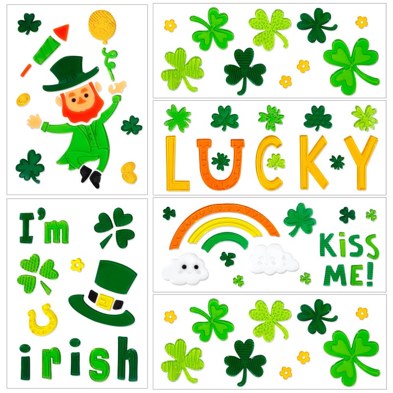 HOHUCRAB 6pcs St Patricks Day Window Clings Gel,Shamrock Top Hat Leprechaun Coins St Patricks Day Decor, St Patricks Day Decorations for Office Classroom, Holiday Window Clings for Party Supplies Gifts - Image 1