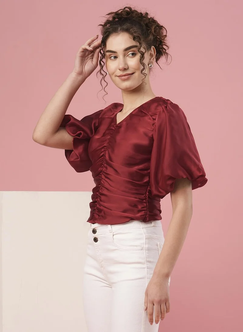 globus Globus Women Flared Sleeve Puff Sleeves Smocking Party Top