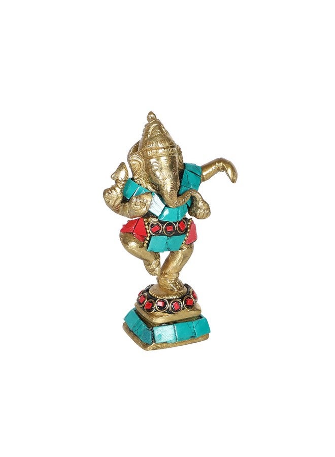 Two Moustaches Gemstone Work 4 Inches Brass Dancing Ganesha Statue, Brass Ganesha Idol, Brass Ganesha Decor, Housewarming Gifts, Return Gifts, Ganesha for Home/Temple, Standard, Pack of 1, Religious - Image 3