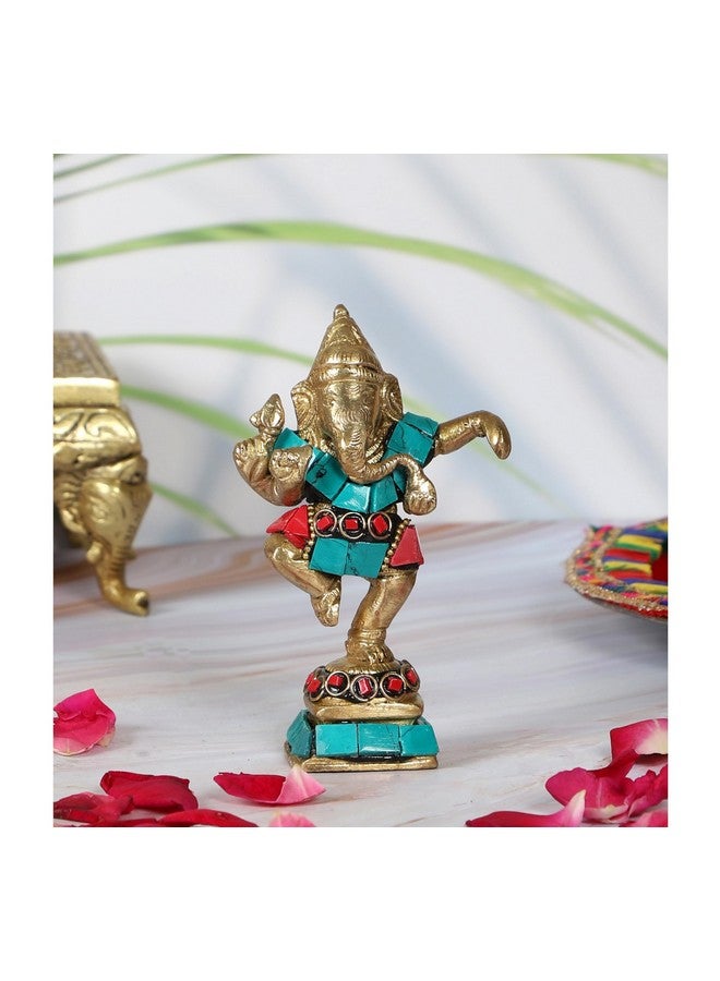 Two Moustaches Gemstone Work 4 Inches Brass Dancing Ganesha Statue, Brass Ganesha Idol, Brass Ganesha Decor, Housewarming Gifts, Return Gifts, Ganesha for Home/Temple, Standard, Pack of 1, Religious - Image 5