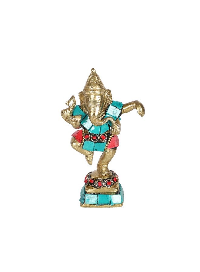 Two Moustaches Gemstone Work 4 Inches Brass Dancing Ganesha Statue, Brass Ganesha Idol, Brass Ganesha Decor, Housewarming Gifts, Return Gifts, Ganesha for Home/Temple, Standard, Pack of 1, Religious - Image 1