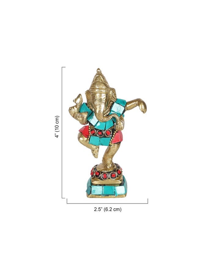 Two Moustaches Gemstone Work 4 Inches Brass Dancing Ganesha Statue, Brass Ganesha Idol, Brass Ganesha Decor, Housewarming Gifts, Return Gifts, Ganesha for Home/Temple, Standard, Pack of 1, Religious - Image 4