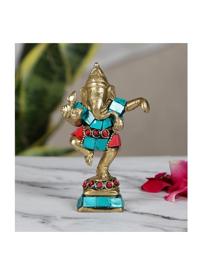 Two Moustaches Gemstone Work 4 Inches Brass Dancing Ganesha Statue, Brass Ganesha Idol, Brass Ganesha Decor, Housewarming Gifts, Return Gifts, Ganesha for Home/Temple, Standard, Pack of 1, Religious - Image 2