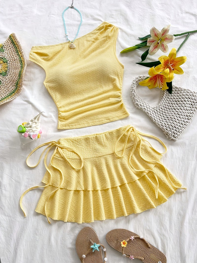 Korean-style Pure-seductive Yellow 2pcs Set: Pleated Texture Top + High-waist Tie-up Cake Skirt for Summer - Image 3