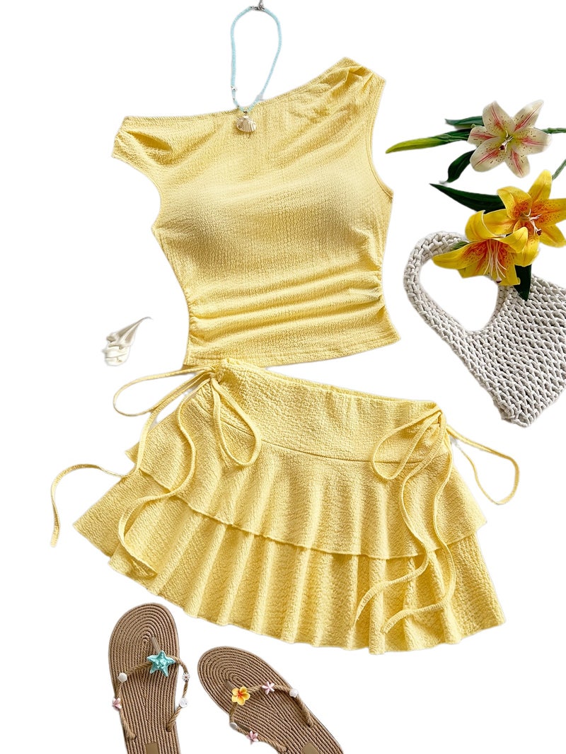 Korean-style Pure-seductive Yellow 2pcs Set: Pleated Texture Top + High-waist Tie-up Cake Skirt for Summer - Image 1