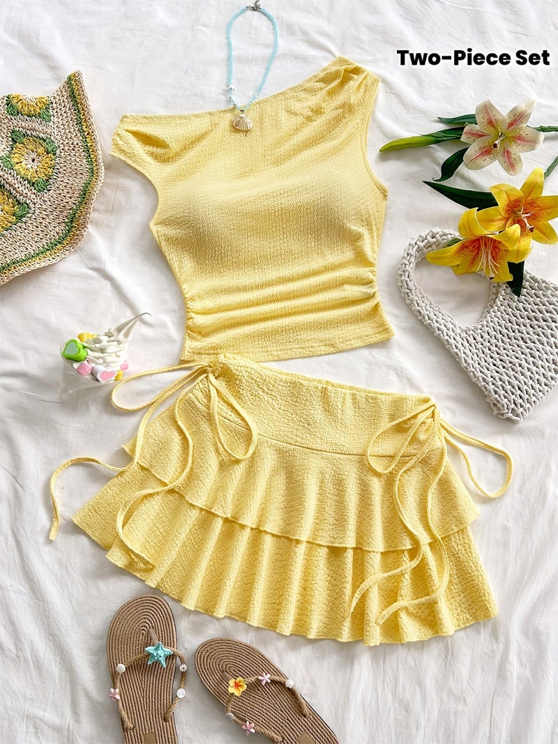 Korean-style Pure-seductive Yellow 2pcs Set: Pleated Texture Top + High-waist Tie-up Cake Skirt for Summer - Image 2