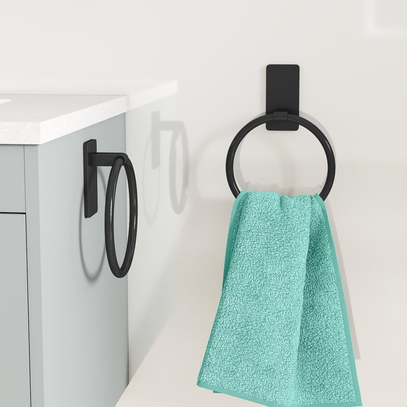 STWWO Adhesive Towel Ring, Hand Towel Holder for Bathroom, Adhesive Round Towel Ring for Bath RV, Black - Image 4