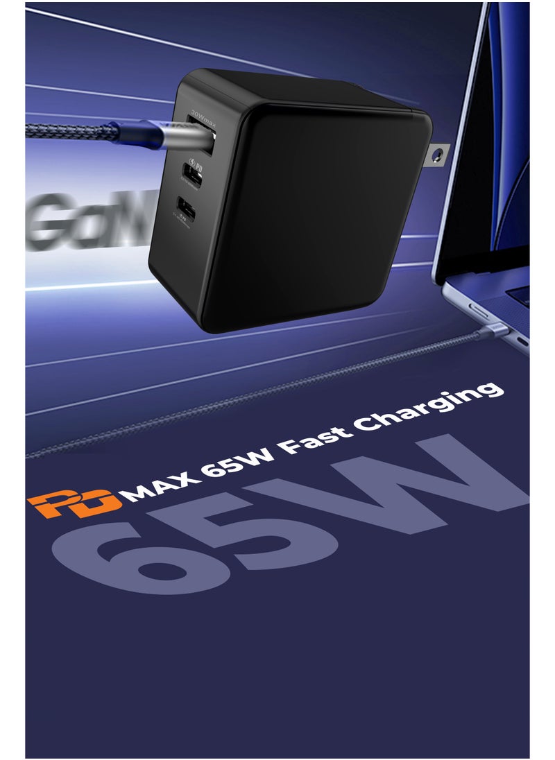 Faster - 65W GaN USB-C Fast Charger - Compact Wall Adapter for iPhone and Android, Laptop, Macbook - 65 Watt PD Charger Block for Mobile Phone, Portable and Fast Charging with 2 USB-C and 1 USB-A Ports - Image 1