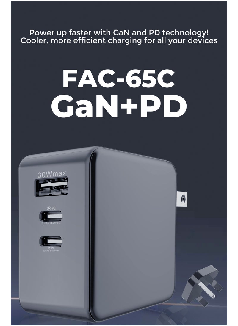 Faster - 65W GaN USB-C Fast Charger - Compact Wall Adapter for iPhone and Android, Laptop, Macbook - 65 Watt PD Charger Block for Mobile Phone, Portable and Fast Charging with 2 USB-C and 1 USB-A Ports - Image 1