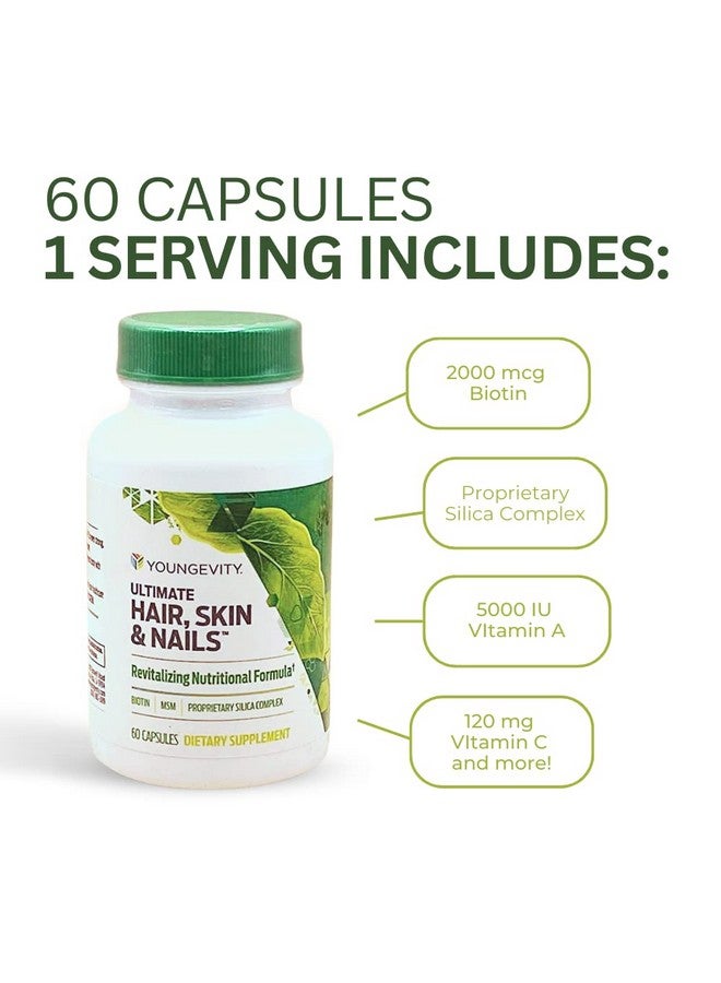 youngevity يونغيفيتي ألتيميت للشعر والبشرة والأظافر | 2000 ميكروغرام بيوتين + عوامل مساعدة أساسية | 9 فيتامينات/معادن، ببا، سيليكا، MSM، B-6 | (عبوة من 2) - Image 4