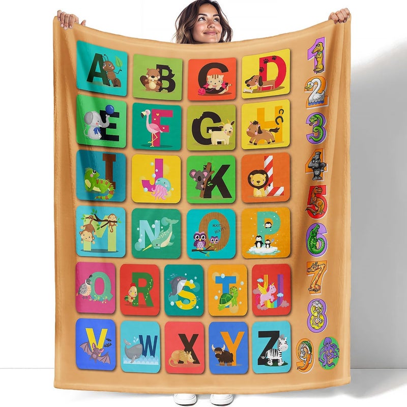OHTMTHO Animal Alphabet Blanket ABC Learning Throw Blankets for Toddler Kids, A-Z Letters with 0-9 Numbers, 50" x 60", Colorful - Image 2