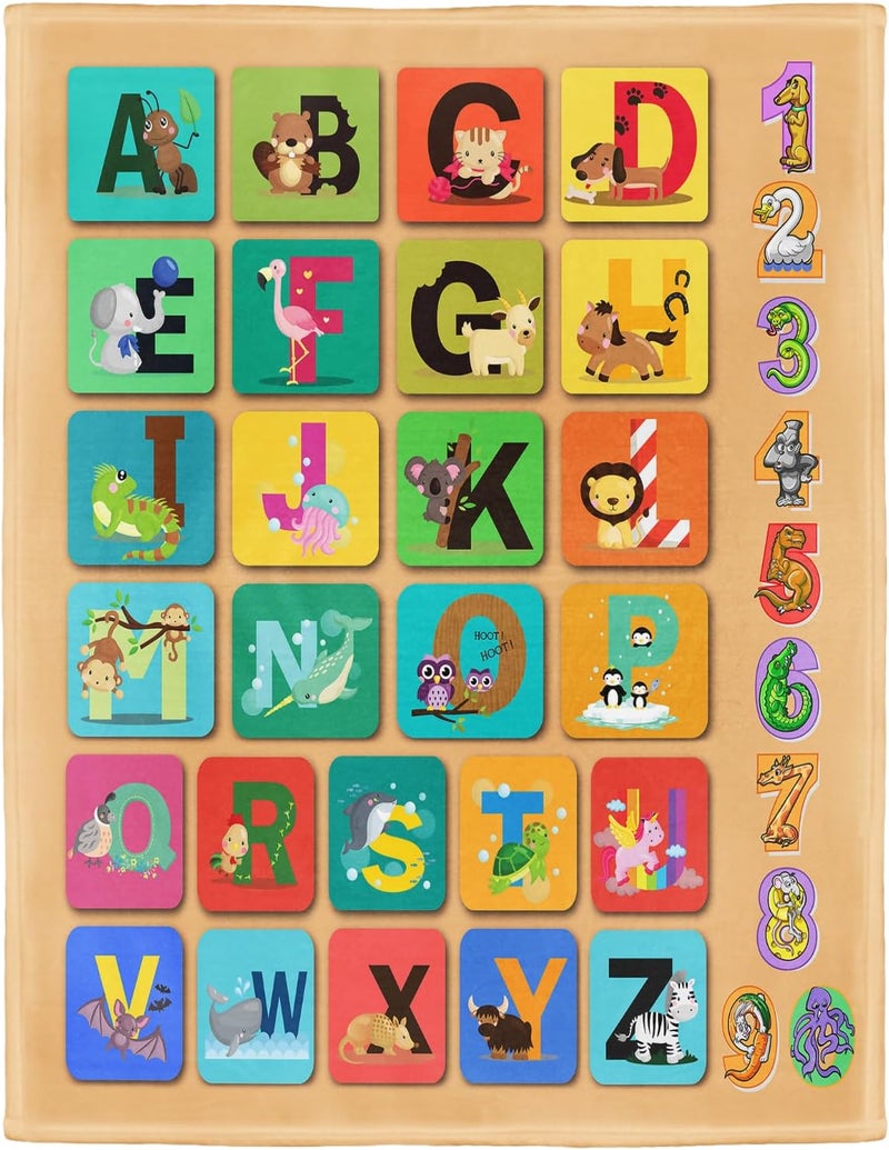 OHTMTHO Animal Alphabet Blanket ABC Learning Throw Blankets for Toddler Kids, A-Z Letters with 0-9 Numbers, 50" x 60", Colorful - Image 1