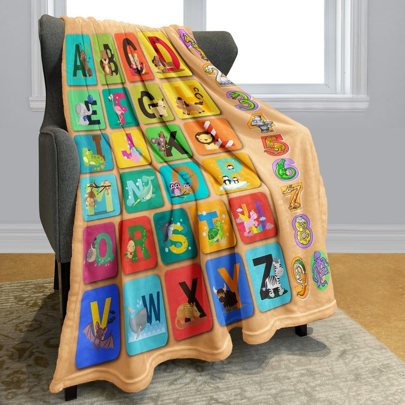 OHTMTHO Animal Alphabet Blanket ABC Learning Throw Blankets for Toddler Kids, A-Z Letters with 0-9 Numbers, 50" x 60", Colorful - Image 3
