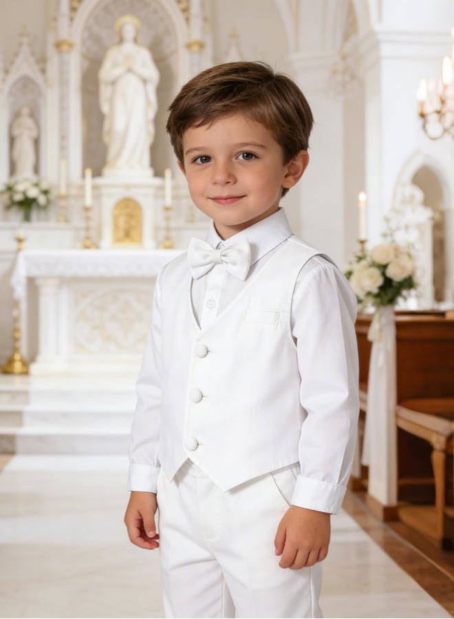 A&J DESIGN Toddler Boys White Suit Christening Baptism Outfit Tuxedo Vest Set 2-3T - Image 4