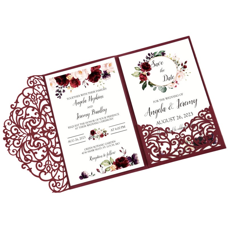 Doris Home DORIS HOME 50pcs Burgundy Blank 47x7 Inch Wedding Invitation Kits Laser Cut Hollow Rose Pocket Wedding Invitations with Envelopes For Wedding Bridal Shower Engagement Invite